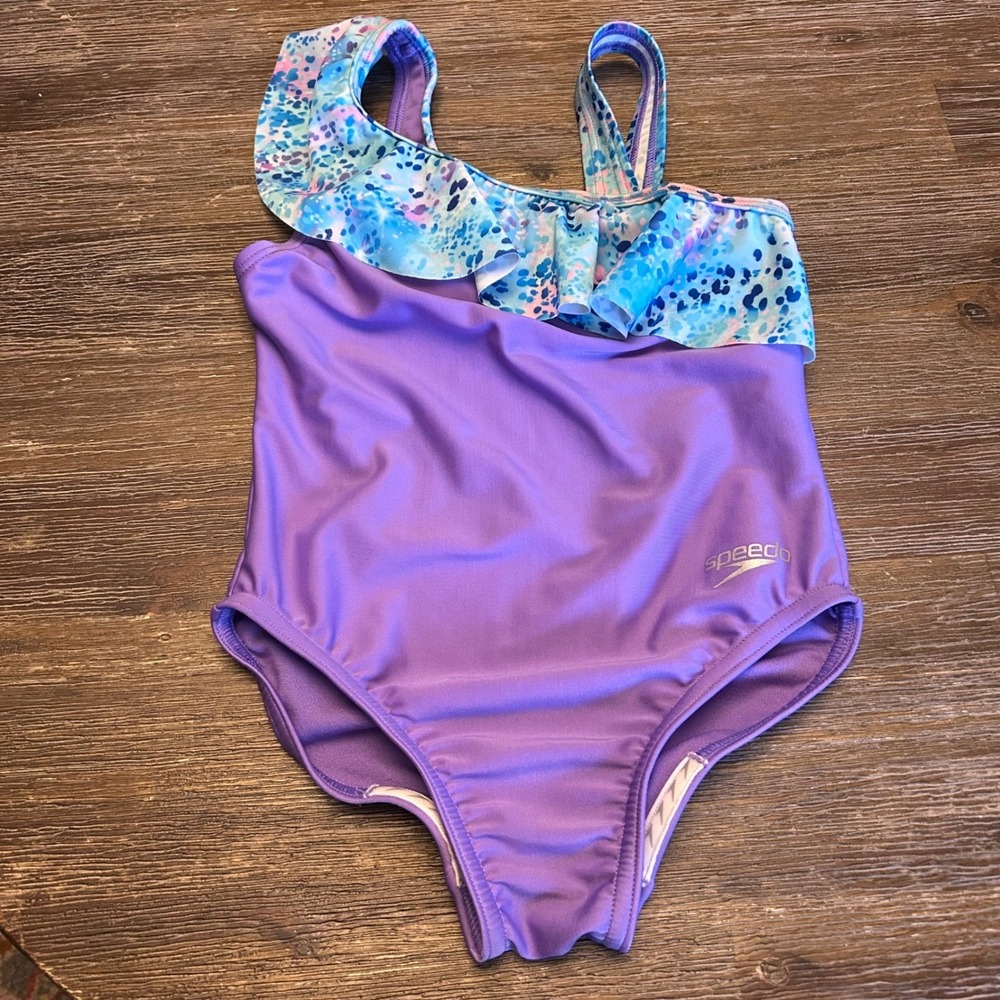 Speedo Girls Purple Ruffle One Piece Swimsuit Size XS Blue Abstract Print‎